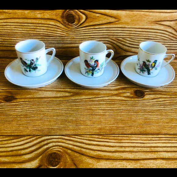 Royal Crown Set of 3 Vintage Japan Porcelain Bird Demitasse Cups and Saucers - Picture 1 of 10